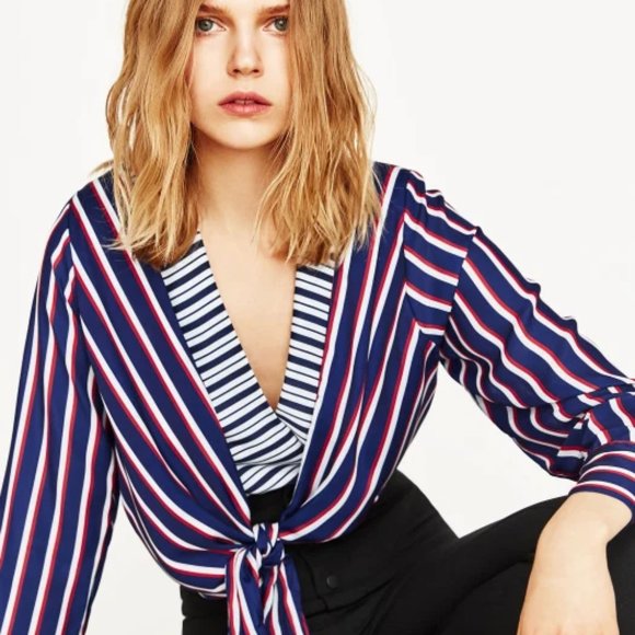 Zara Tops - ZARA Chic Striped Crossover V-Neck Bodysuit